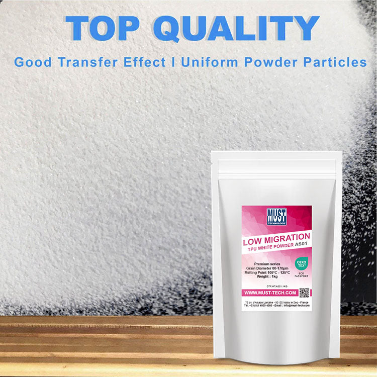 Lot de 12x Poudre TPU DTF 1kg AS01 - Poudre de Transfert - Faible migration de teinture sur tissus Polyester - Résistante au lavage à 60°C