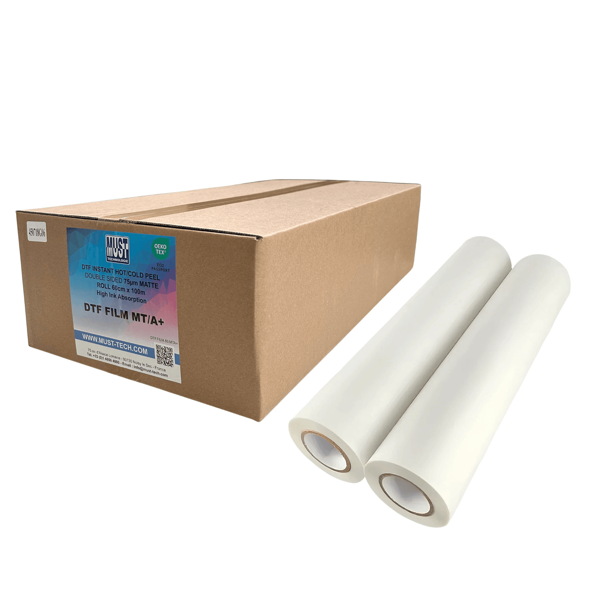 Lot de 12 Rouleaux DTF Papier Film MT/A+ pelage instantané - double face matte - 60cm x 100m - 75µ ⭐⭐⭐⭐⭐