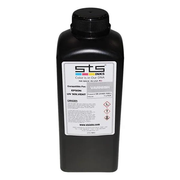 Encre vernis UV DTF STS pour finitions brillantes et protection des impressions.
