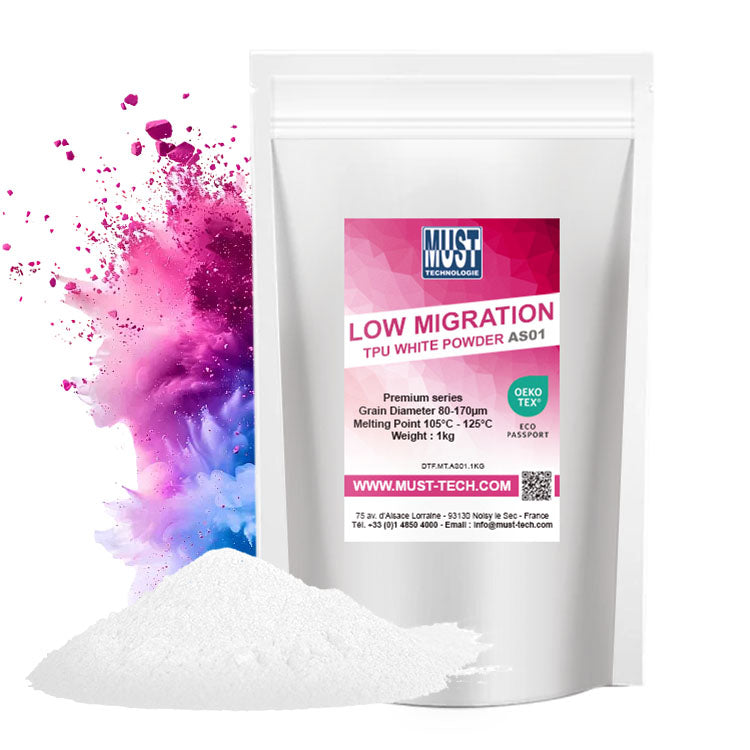 Lot de 12x Poudre TPU DTF 1kg AS01 - Poudre de Transfert - Faible migration de teinture sur tissus Polyester - Résistante au lavage à 60°C
