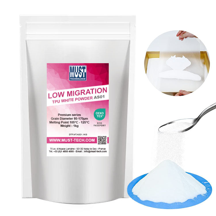 Lot de 12x Poudre TPU DTF 1kg AS01 - Poudre de Transfert - Faible migration de teinture sur tissus Polyester - Résistante au lavage à 60°C