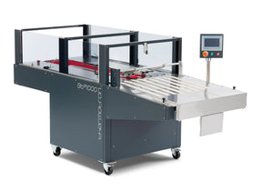 Plieuse automatique pour vêtements STP1000 avec convoyeur et écran de contrôle, machine industrielle de pliage textile rapide et précis.